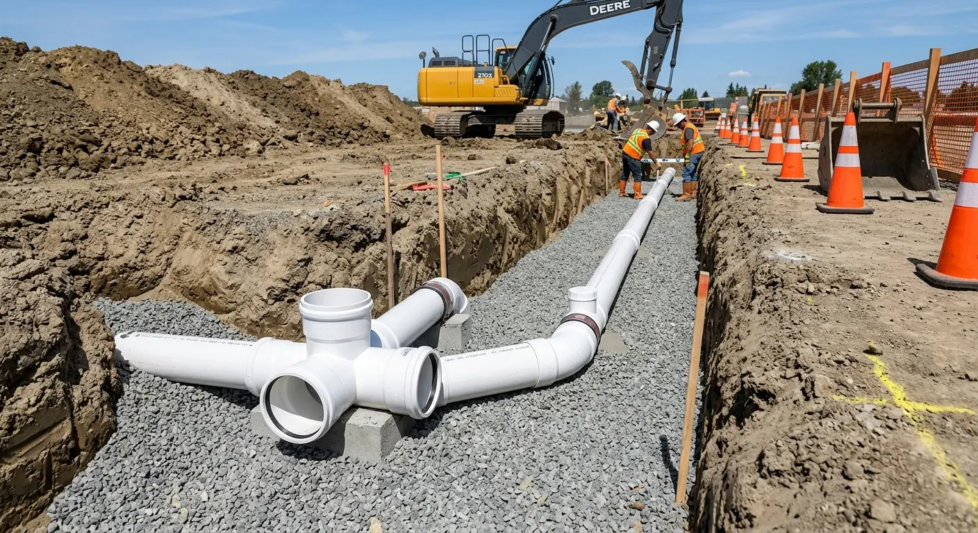 New PVC sewer pipe installation in open trench for Sewer Camera Inspection in Riverton