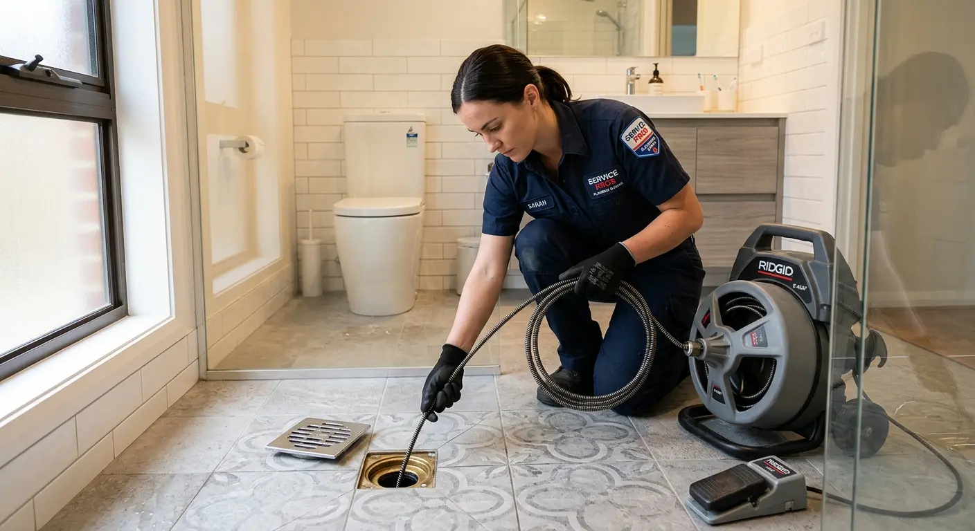 Technician clearing a bathroom floor drain for Hydro Jetting in Riverton